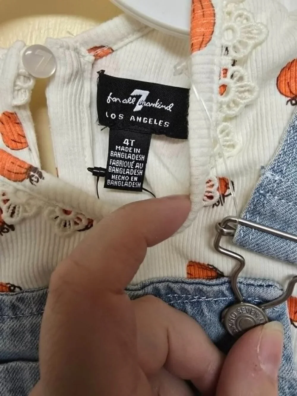 7 For All Mankind Girl's Fall Embroidered Pumpkin Denim Overall Dress + Shirt 4T